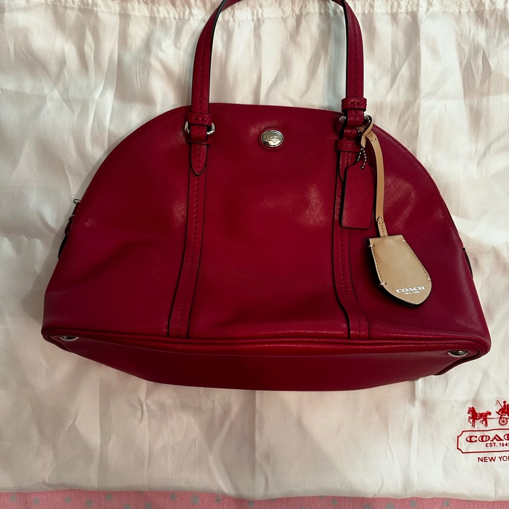Coach Red Peyton Signature Cora Domed Satchel Handbag Purse